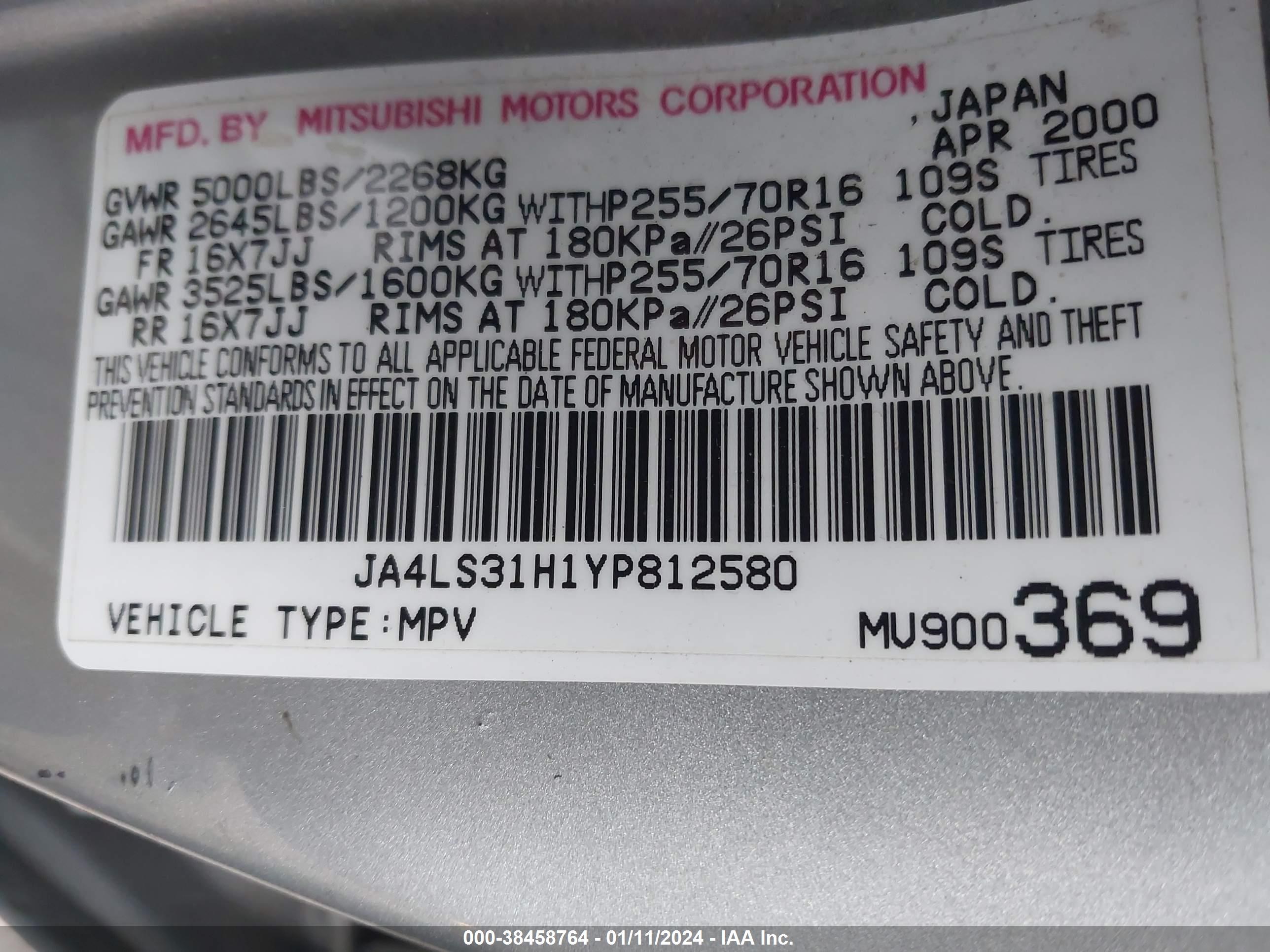 Photo 8 VIN: JA4LS31H1YP812580 - MITSUBISHI MONTERO SPORT 