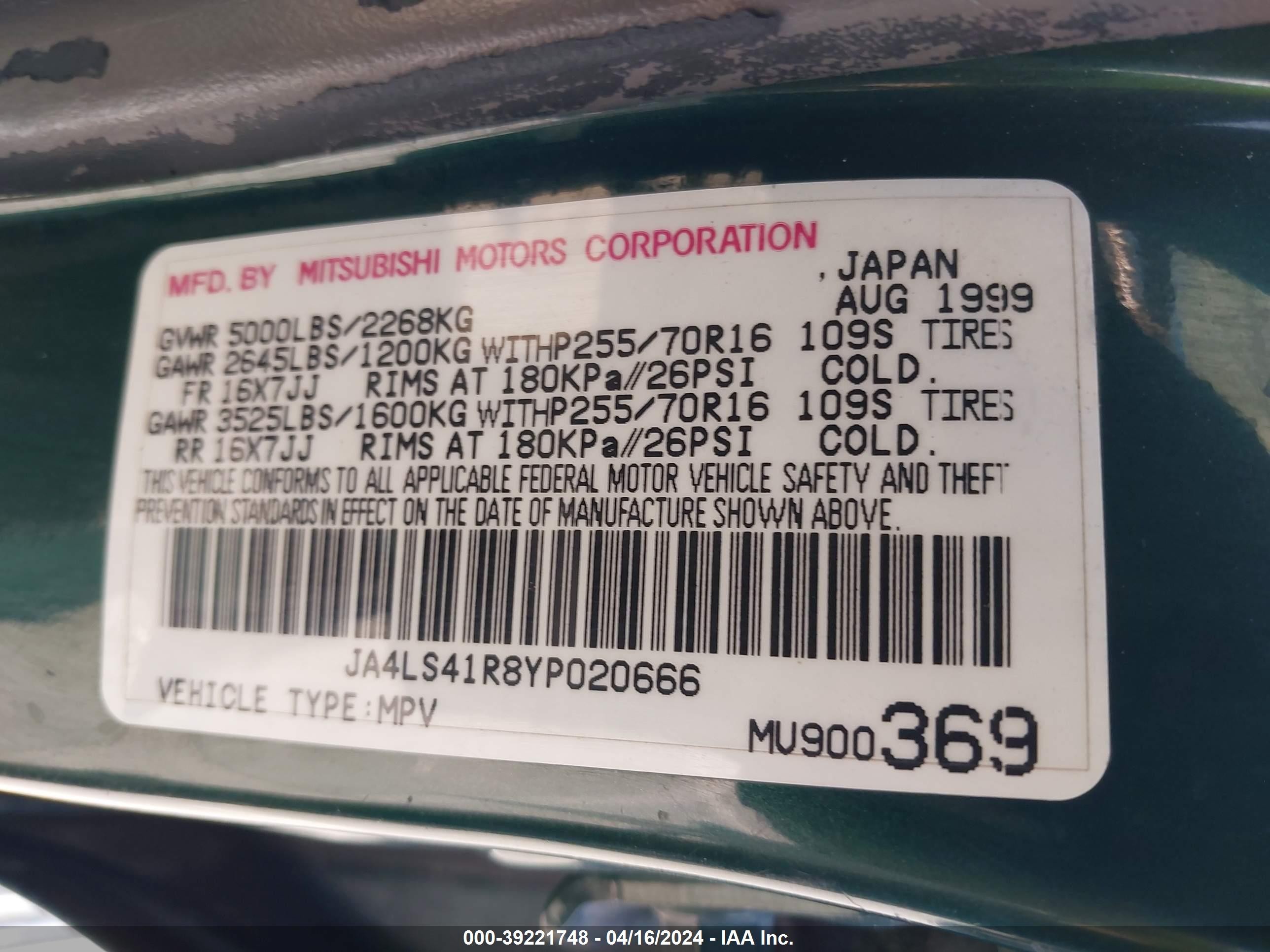 Photo 8 VIN: JA4LS41R8YP020666 - MITSUBISHI MONTERO SPORT 