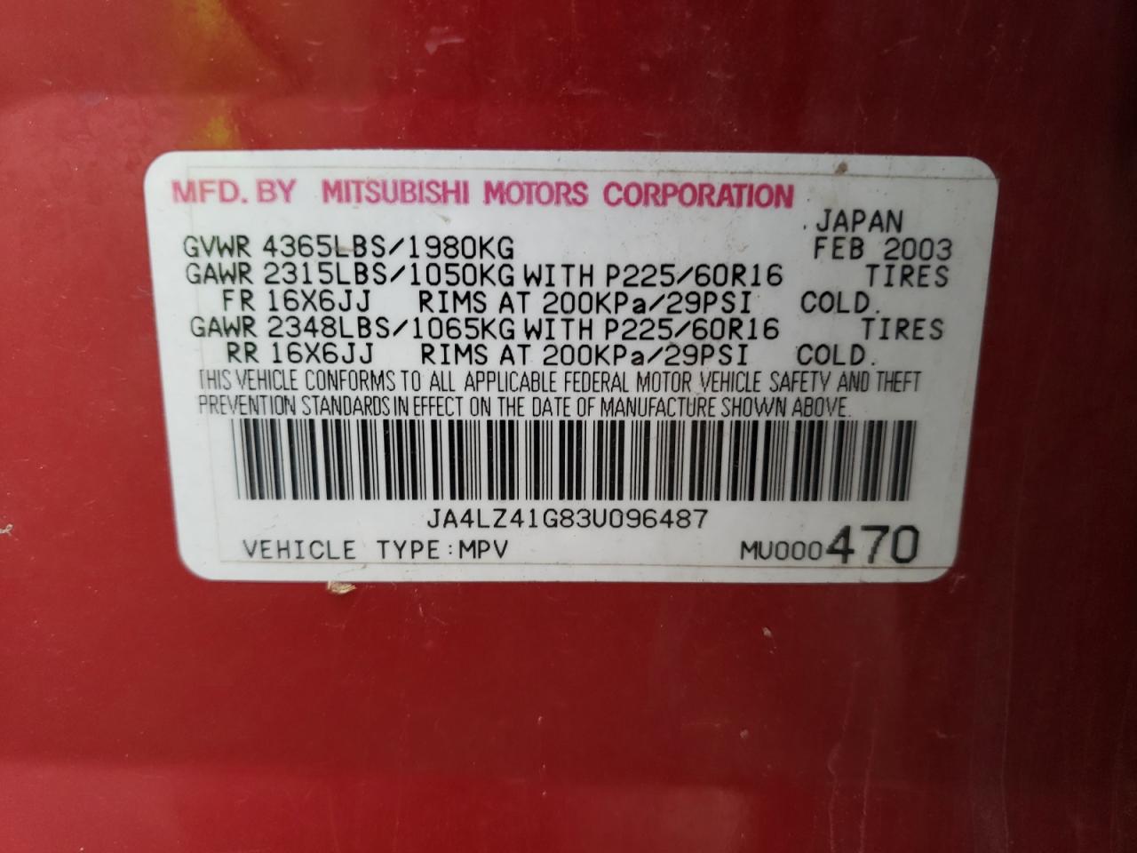 Photo 11 VIN: JA4LZ41G83U096487 - MITSUBISHI OUTLANDER 