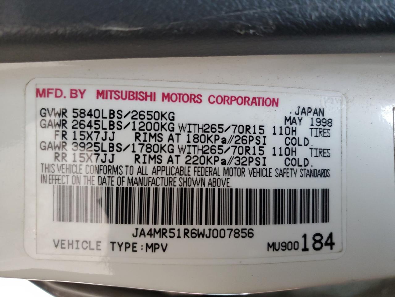 Photo 12 VIN: JA4MR51R6WJ007856 - MITSUBISHI MONTERO 