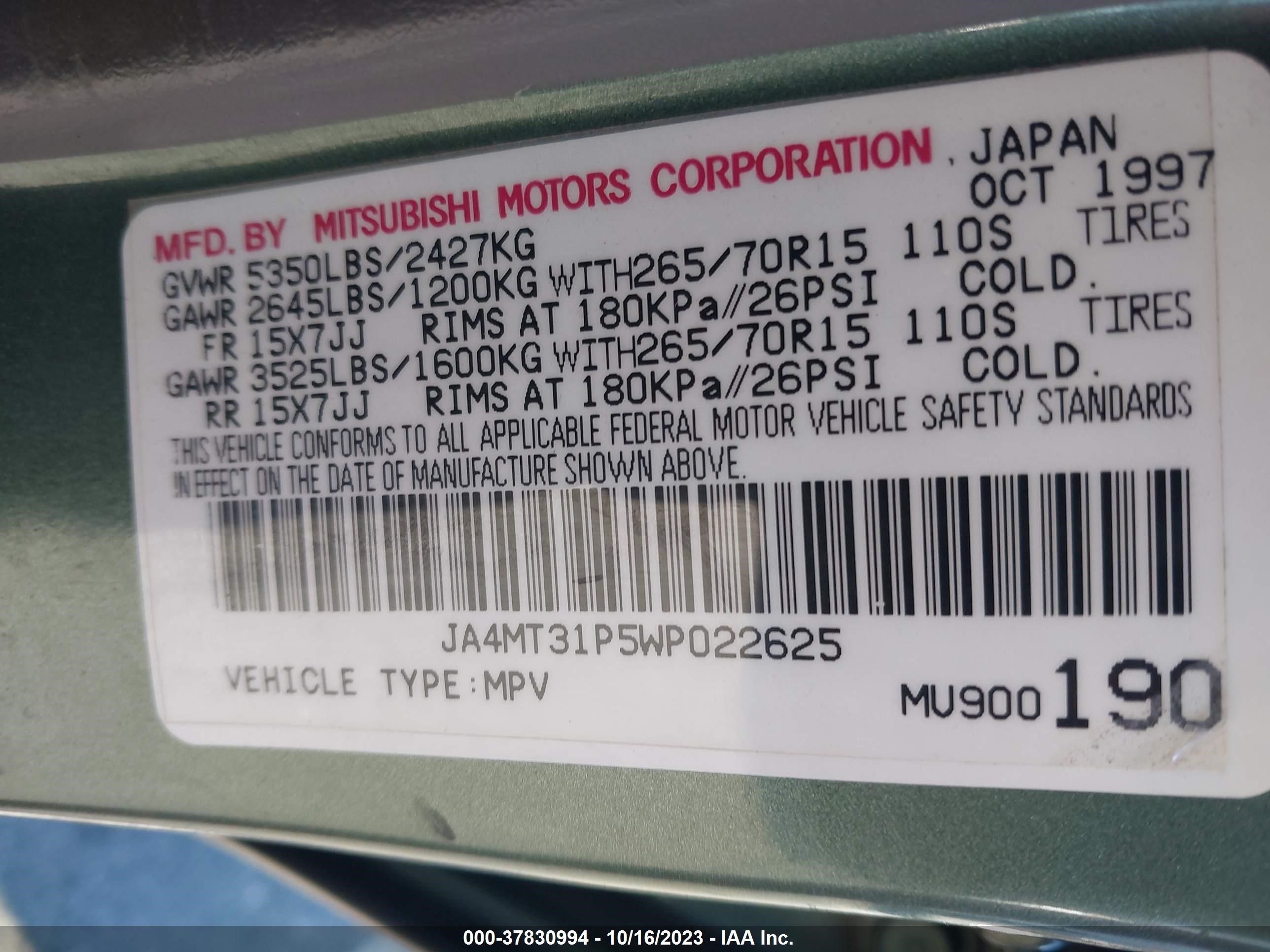 Photo 8 VIN: JA4MT31P5WP022625 - MITSUBISHI MONTERO SPORT 