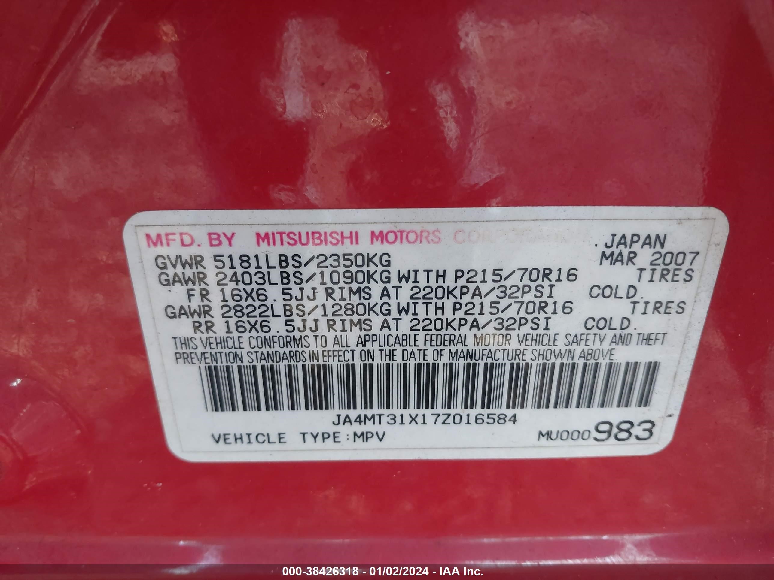 Photo 8 VIN: JA4MT31X17Z016584 - MITSUBISHI OUTLANDER 