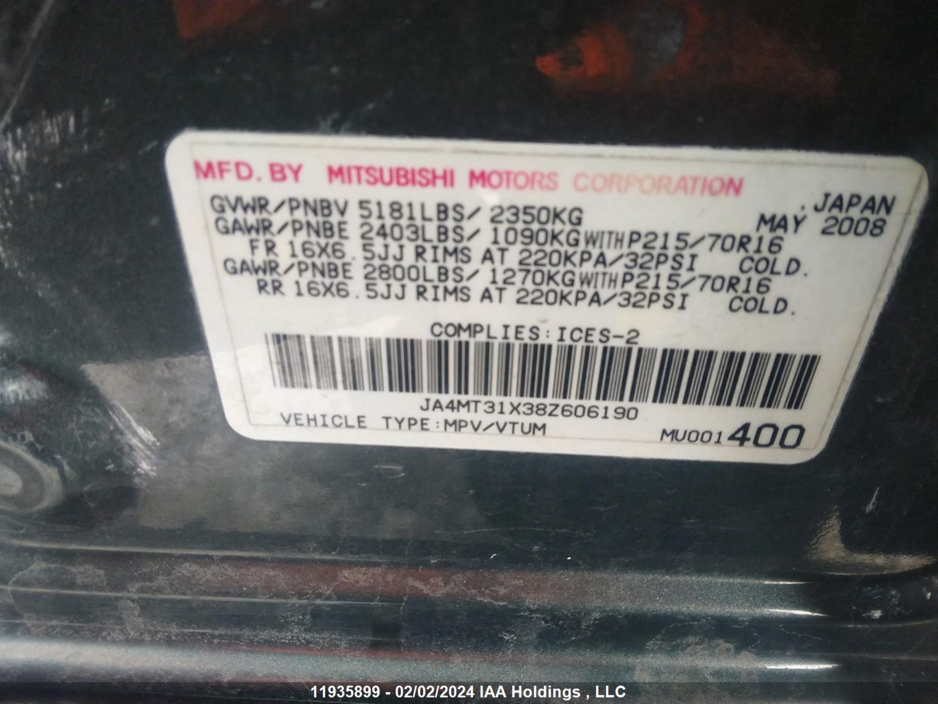 Photo 8 VIN: JA4MT31X38Z606190 - MITSUBISHI OUTLANDER 