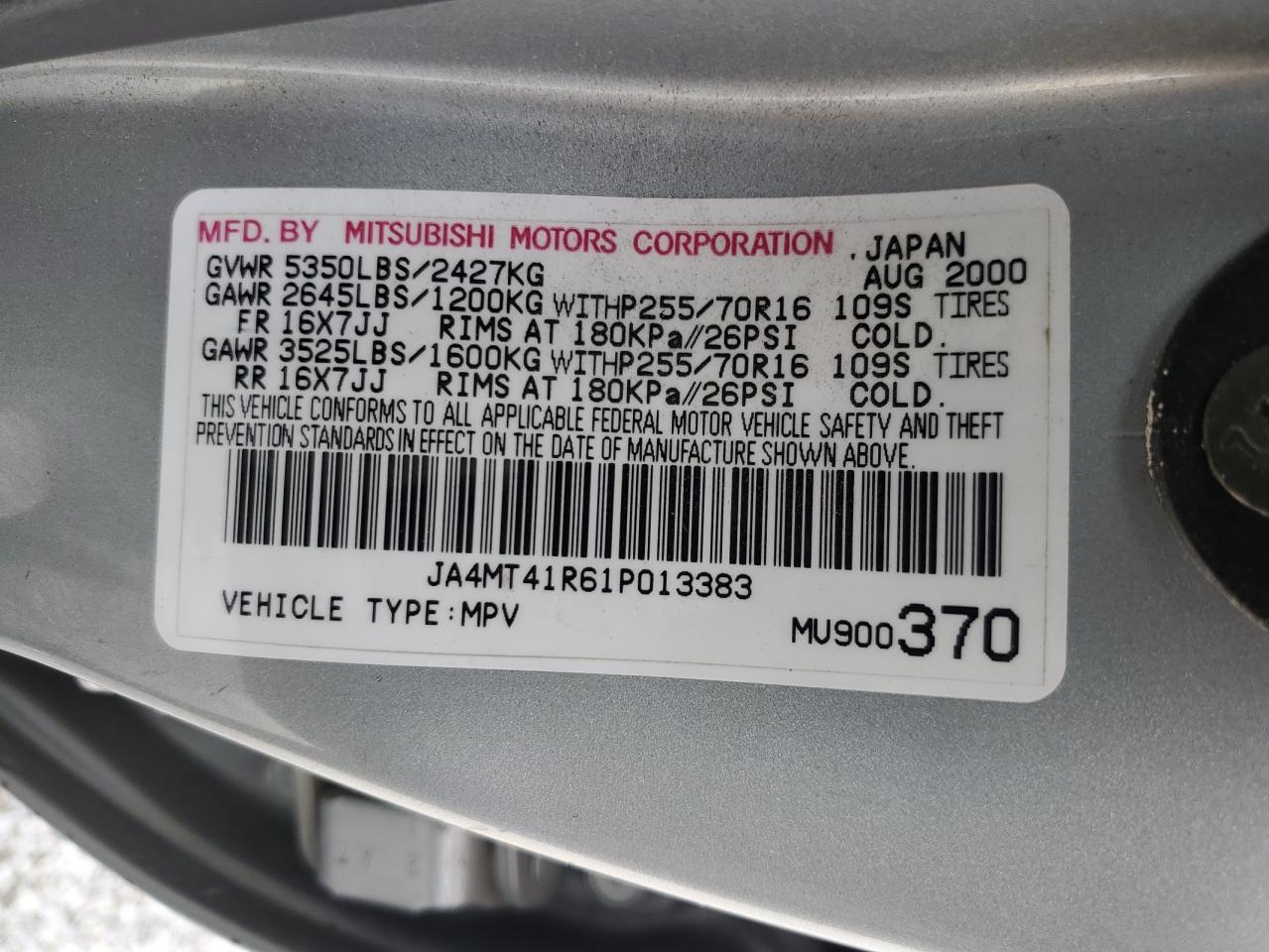 Photo 12 VIN: JA4MT41R61P013383 - MITSUBISHI MONTERO 