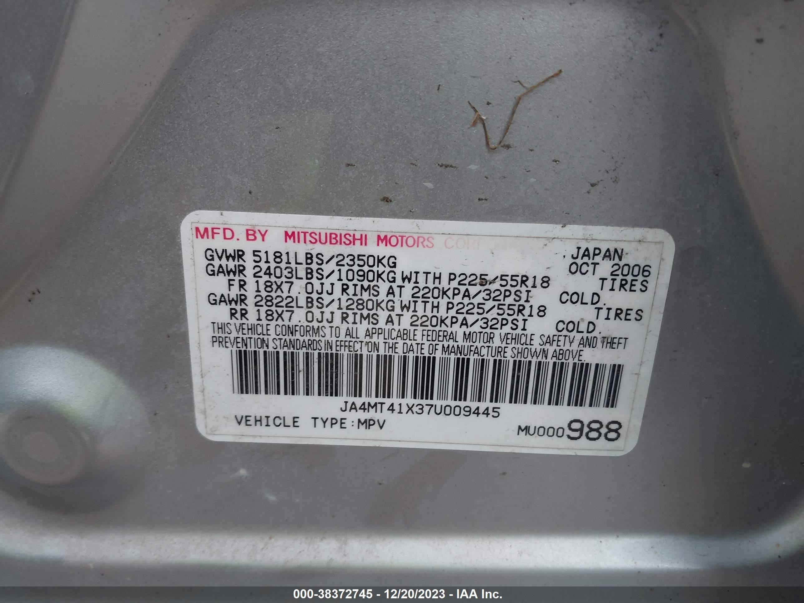 Photo 8 VIN: JA4MT41X37U009445 - MITSUBISHI OUTLANDER 