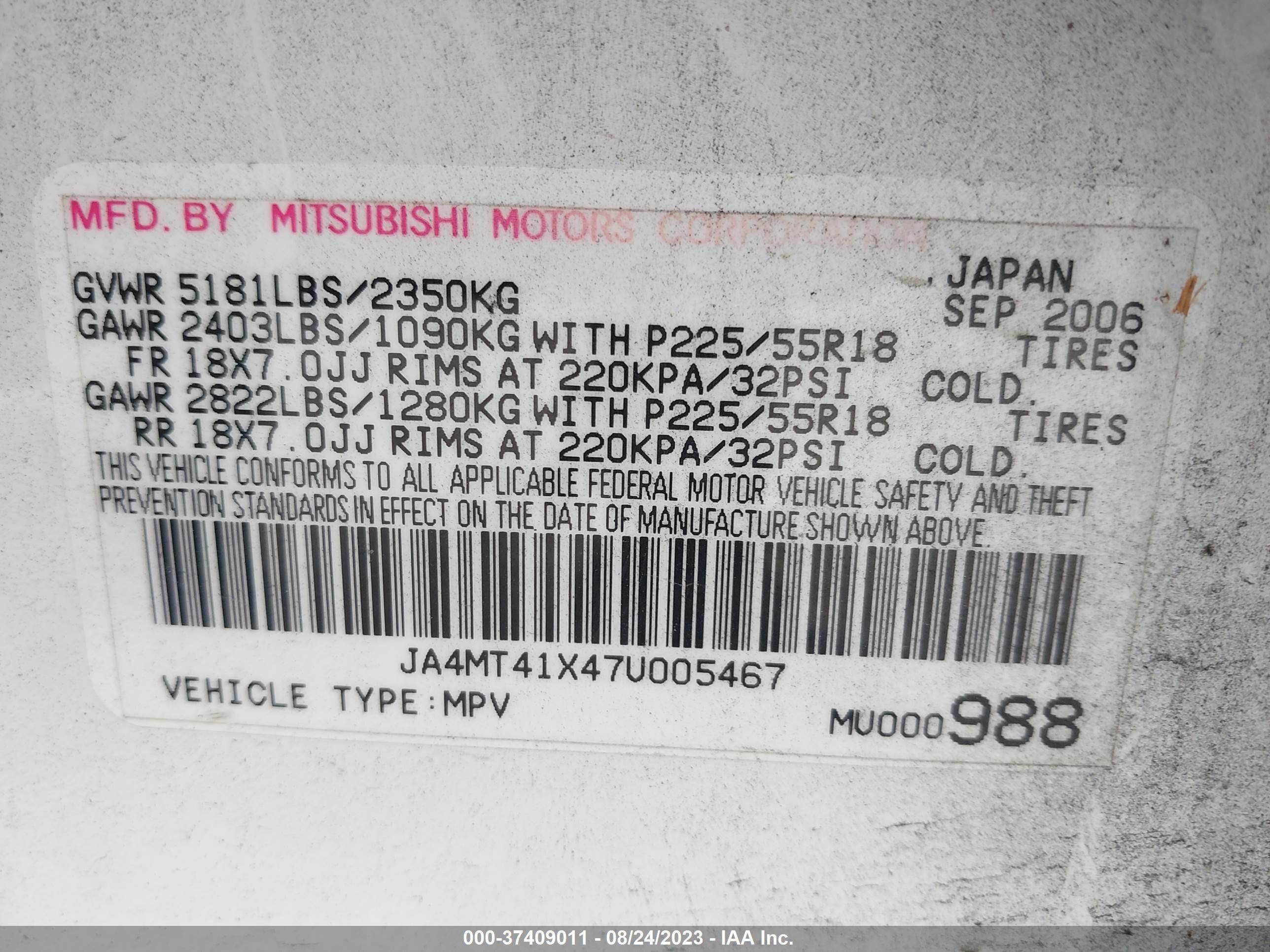 Photo 8 VIN: JA4MT41X47U005467 - MITSUBISHI OUTLANDER 