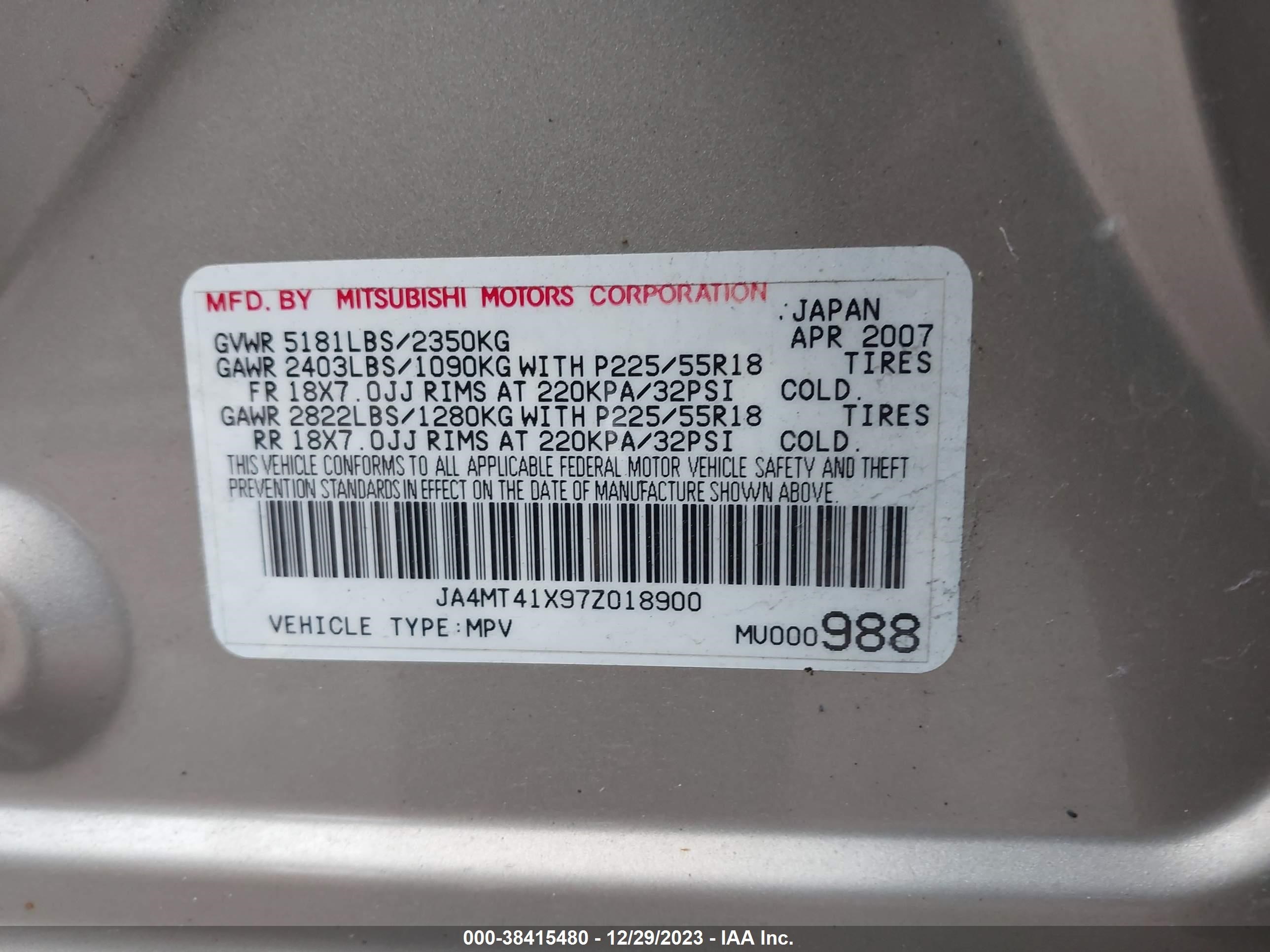 Photo 8 VIN: JA4MT41X97Z018900 - MITSUBISHI OUTLANDER 