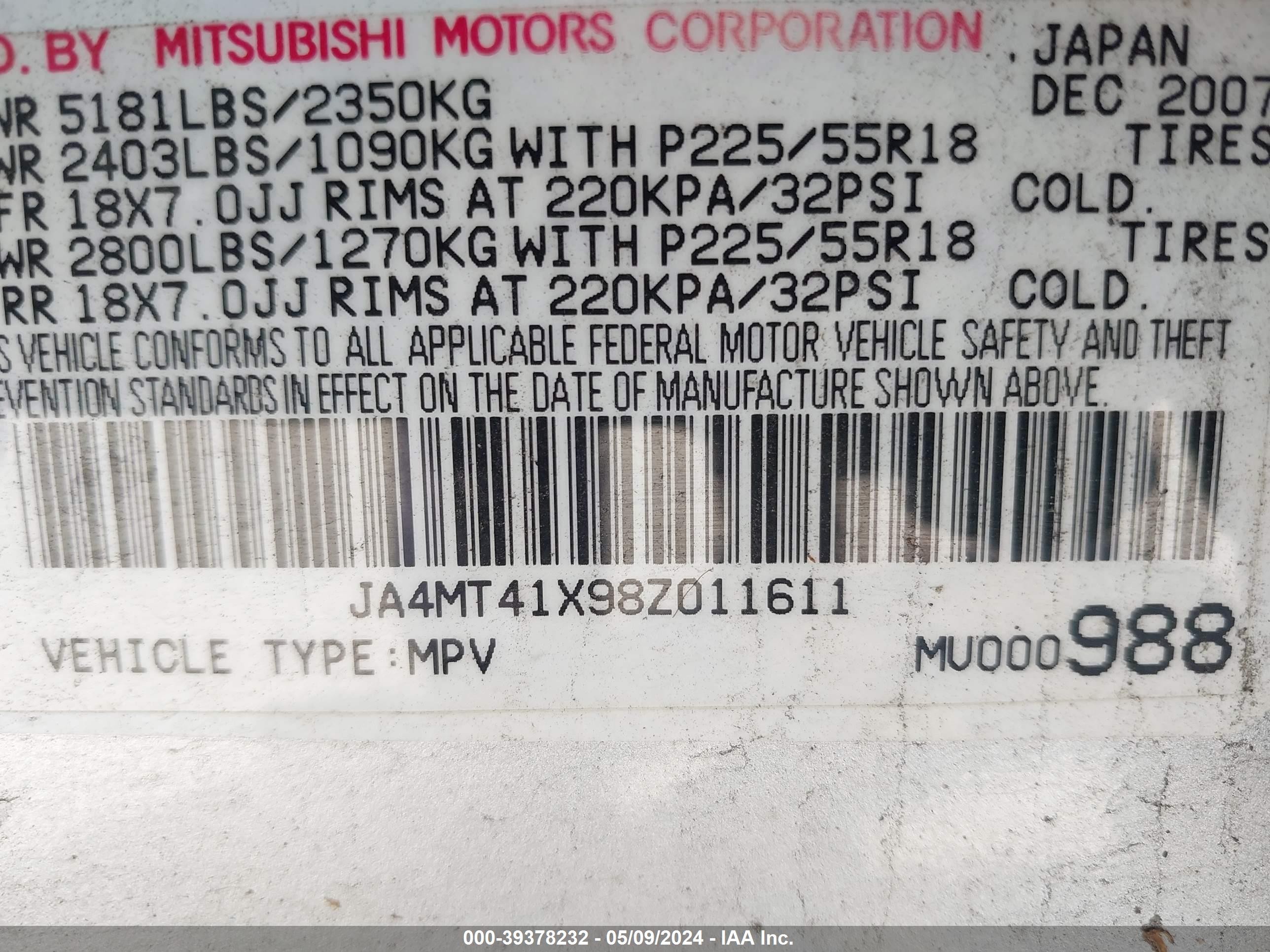 Photo 8 VIN: JA4MT41X98Z011611 - MITSUBISHI OUTLANDER 