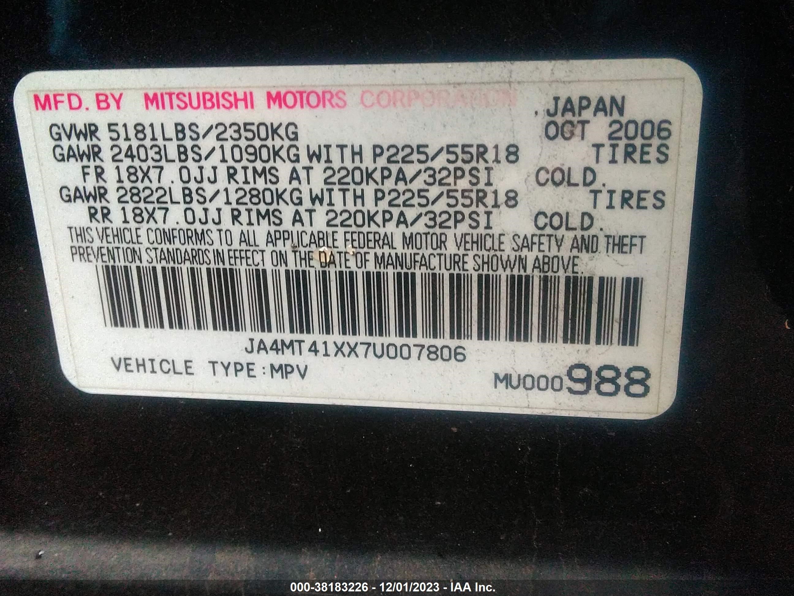 Photo 8 VIN: JA4MT41XX7U007806 - MITSUBISHI OUTLANDER 