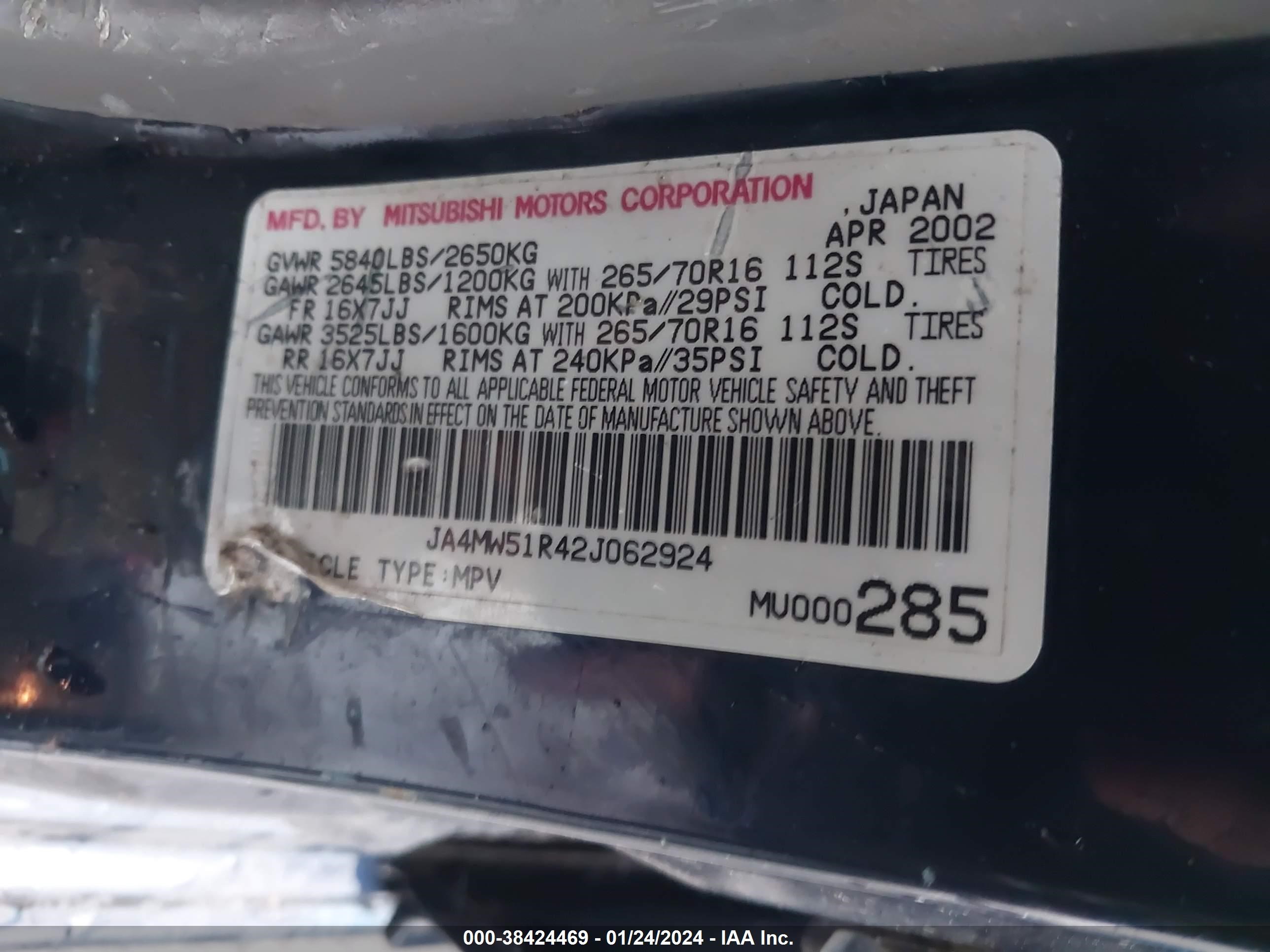 Photo 8 VIN: JA4MW51R42J062924 - MITSUBISHI MONTERO 