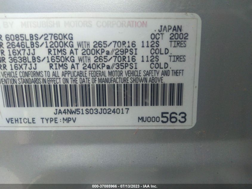 Photo 8 VIN: JA4NW51S03J024017 - MITSUBISHI MONTERO 