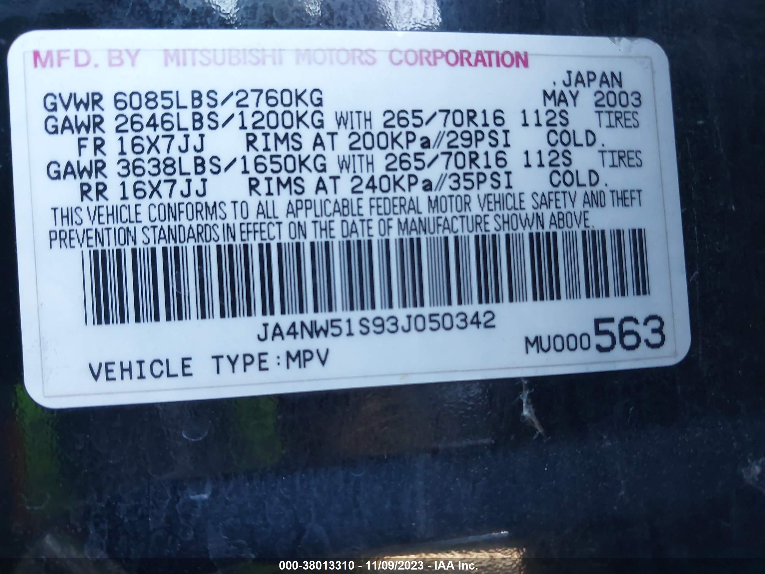 Photo 8 VIN: JA4NW51S93J050342 - MITSUBISHI MONTERO 