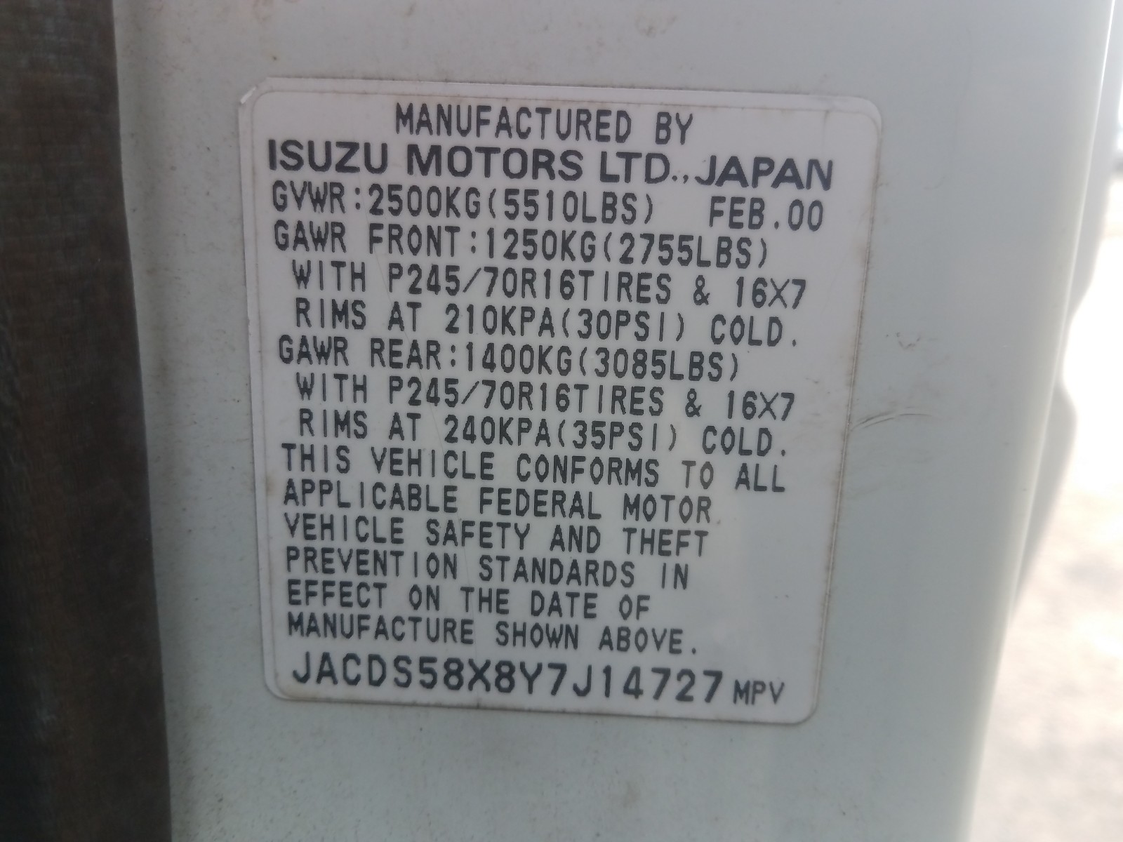 Photo 9 VIN: JACDS58X8Y7J14727 - ISUZU TROOPER S 