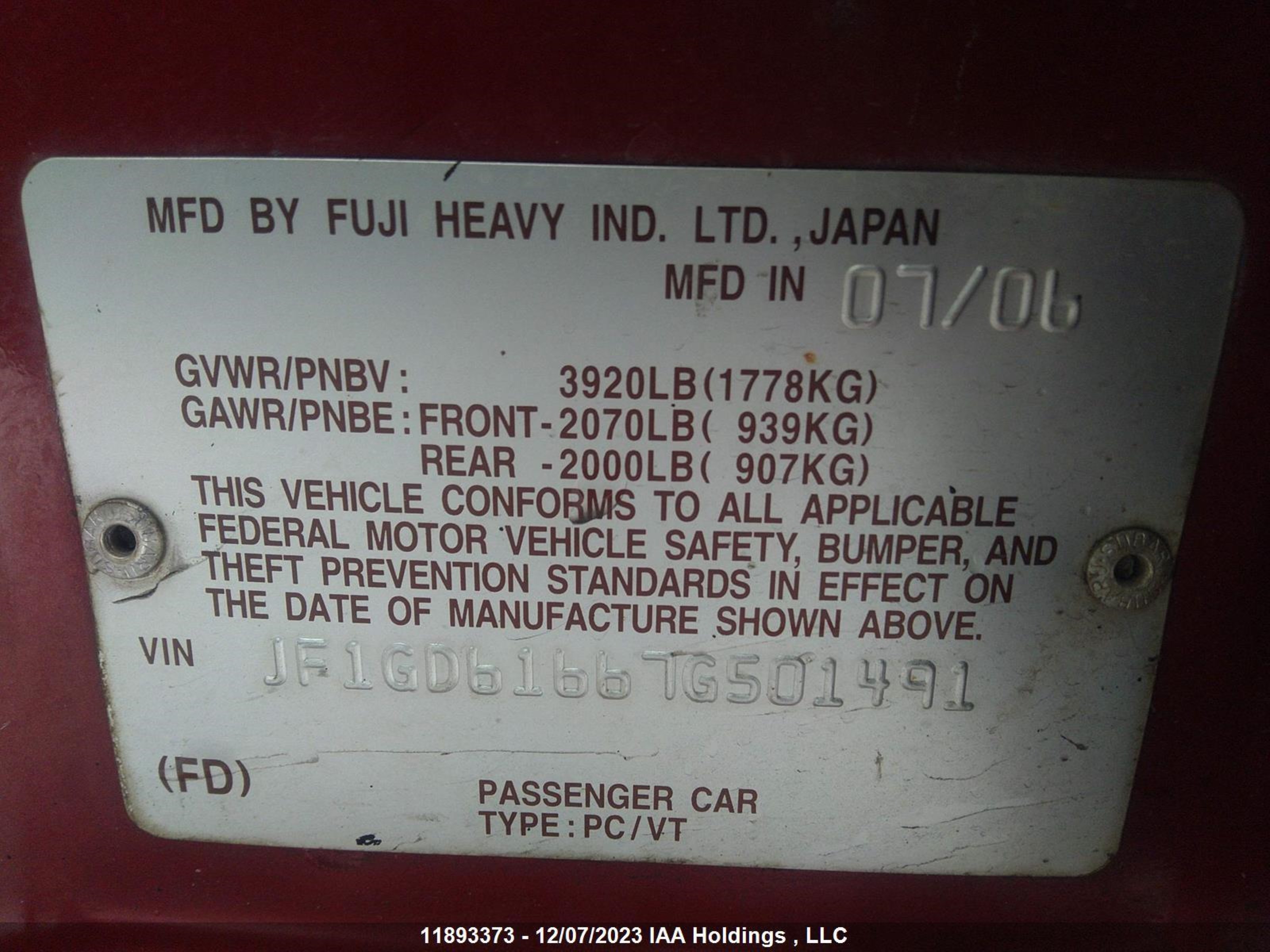 Photo 8 VIN: JF1GD61667G501491 - SUBARU IMPREZA 