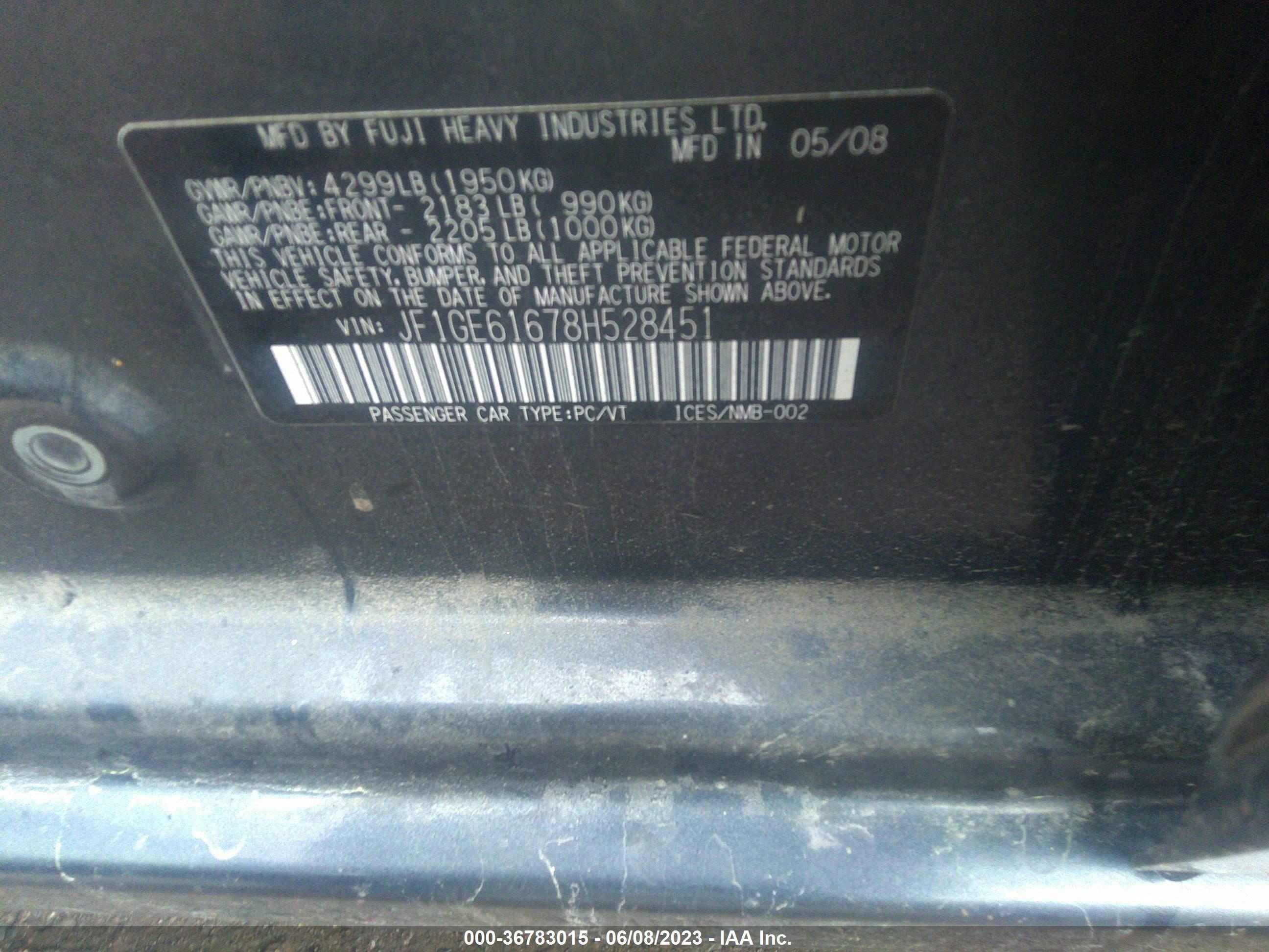 Photo 8 VIN: JF1GE61678H528451 - SUBARU IMPREZA 