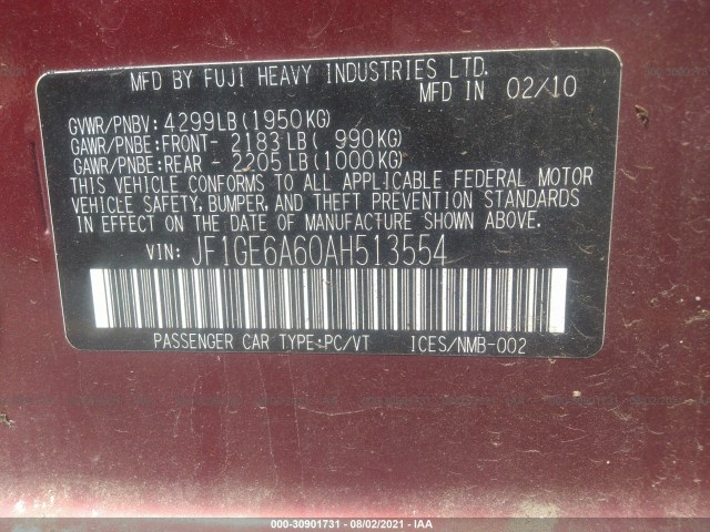 Photo 8 VIN: JF1GE6A60AH513554 - SUBARU IMPREZA SEDAN 