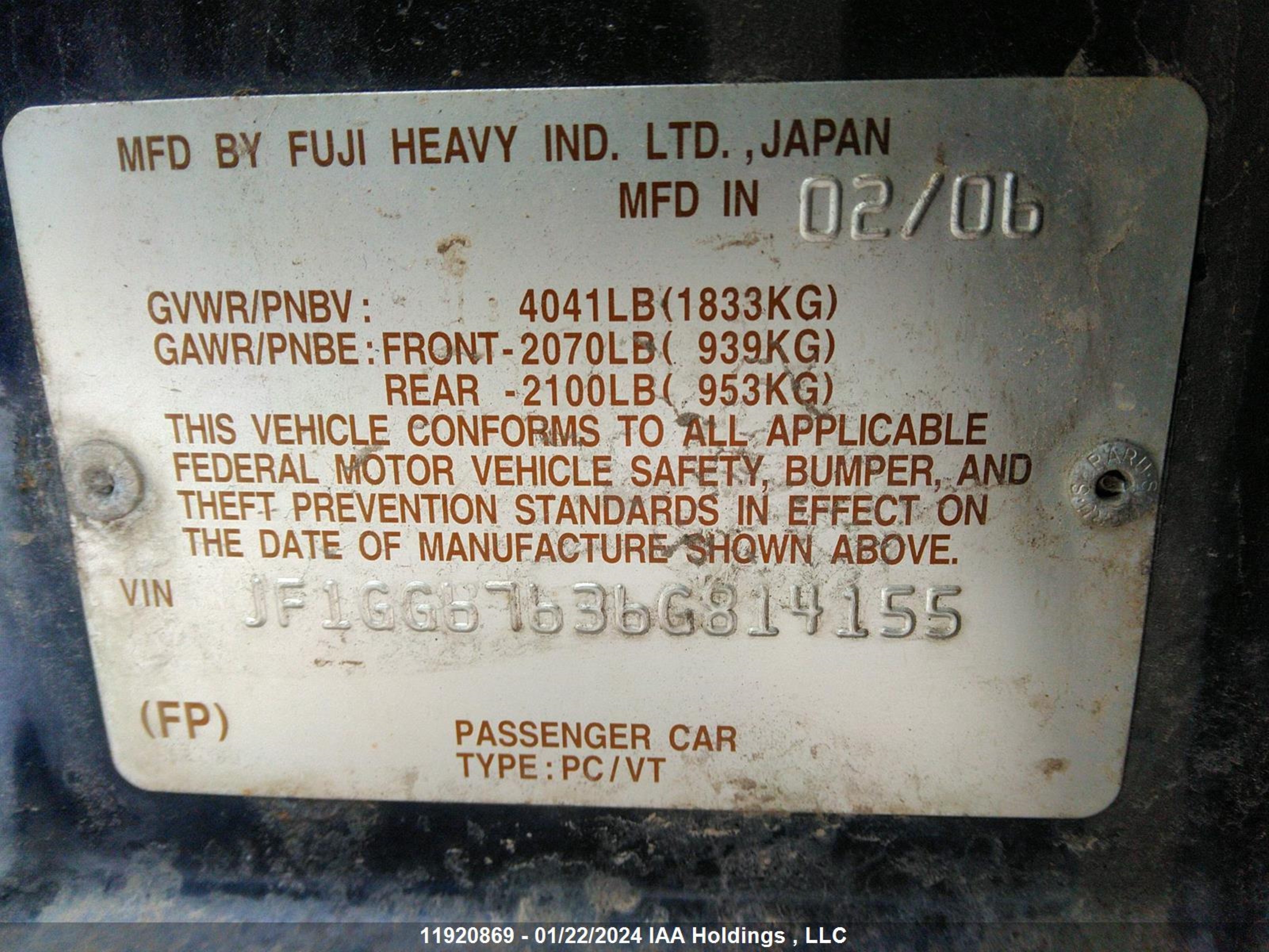 Photo 8 VIN: JF1GG67636G814155 - SUBARU IMPREZA 