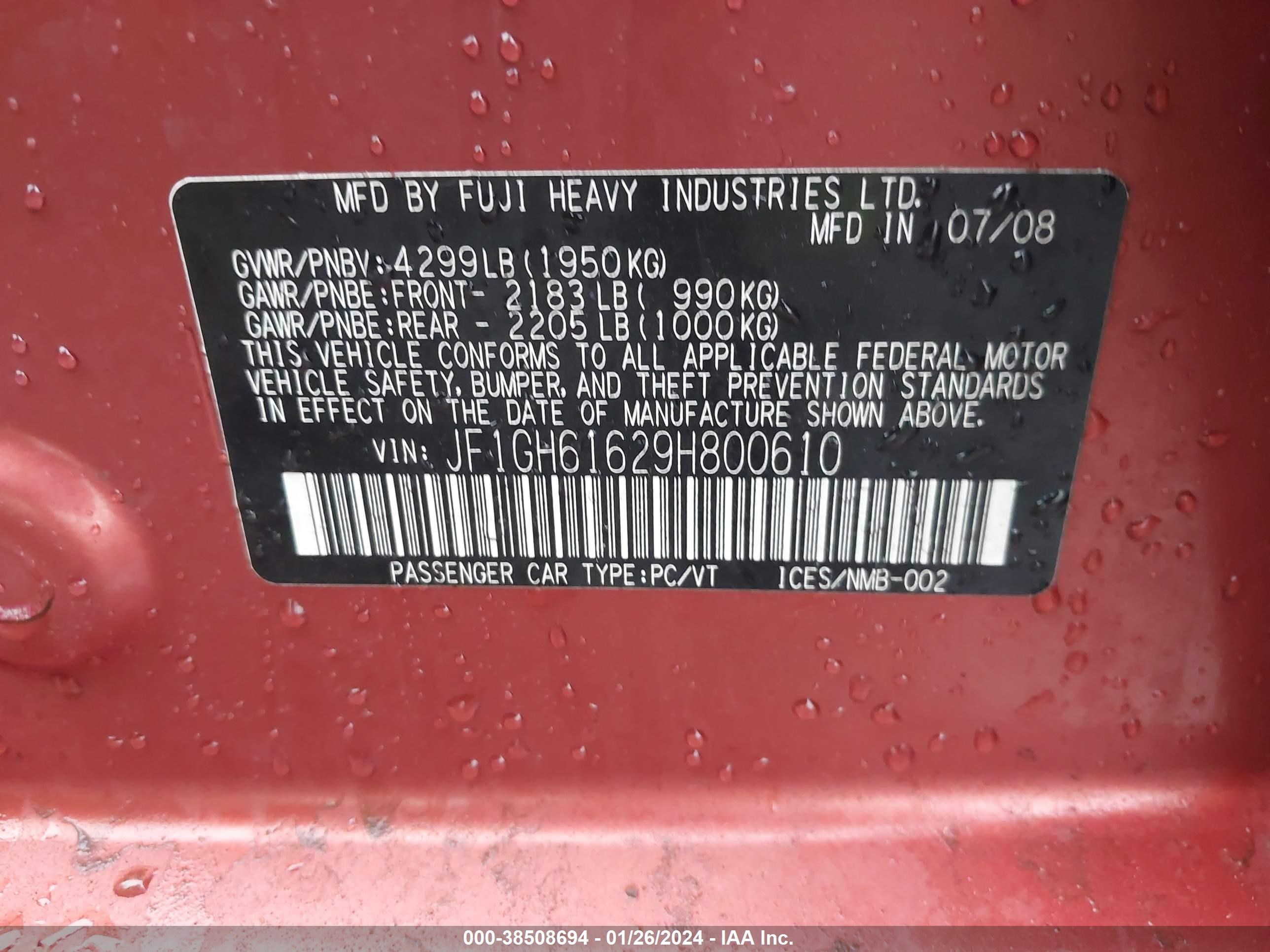 Photo 8 VIN: JF1GH61629H800610 - SUBARU IMPREZA 