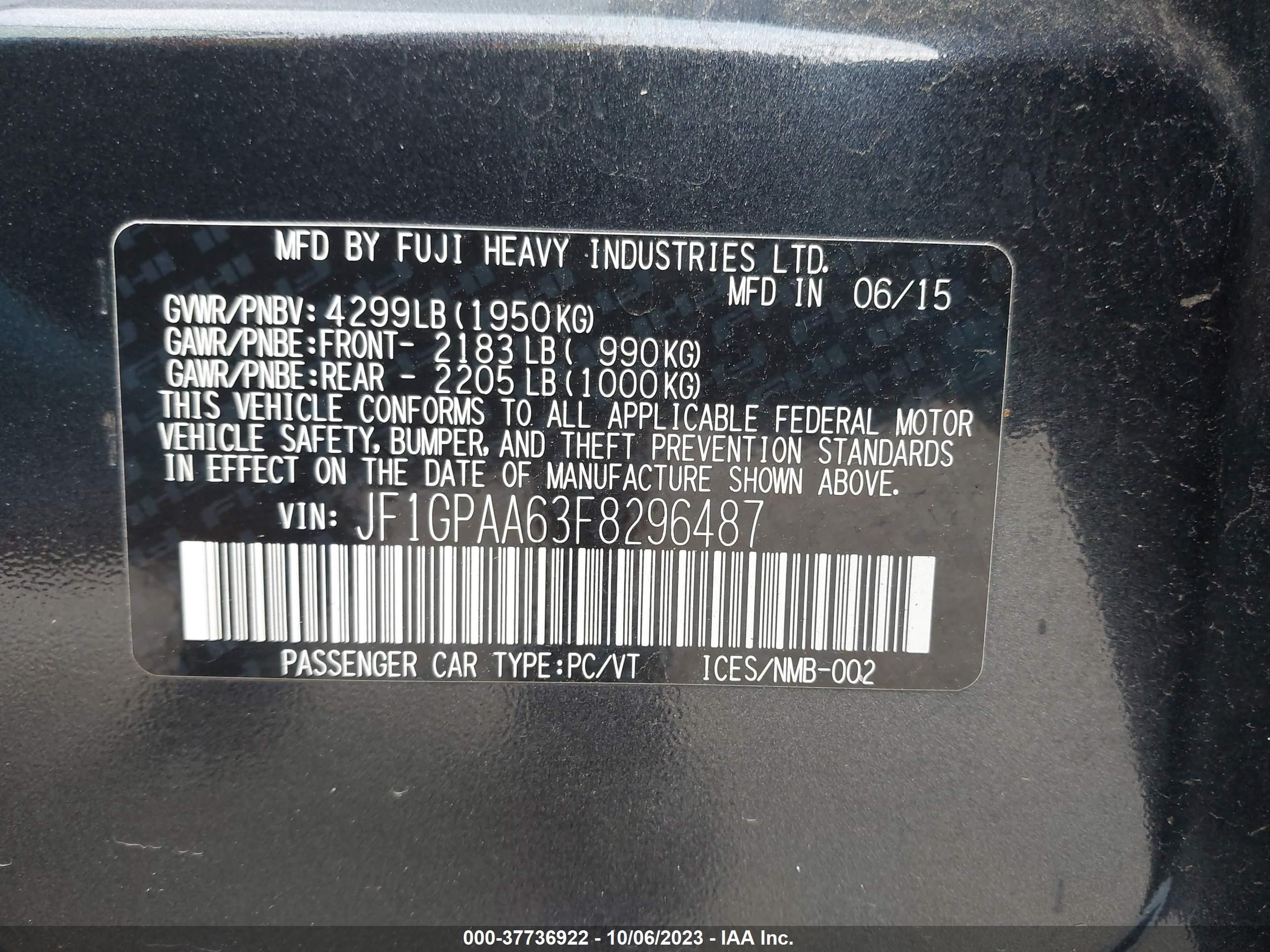 Photo 8 VIN: JF1GPAA63F8296487 - SUBARU IMPREZA 