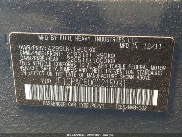 Photo 8 VIN: JF1GPAC60CG215931 - SUBARU IMPREZA WAGON 