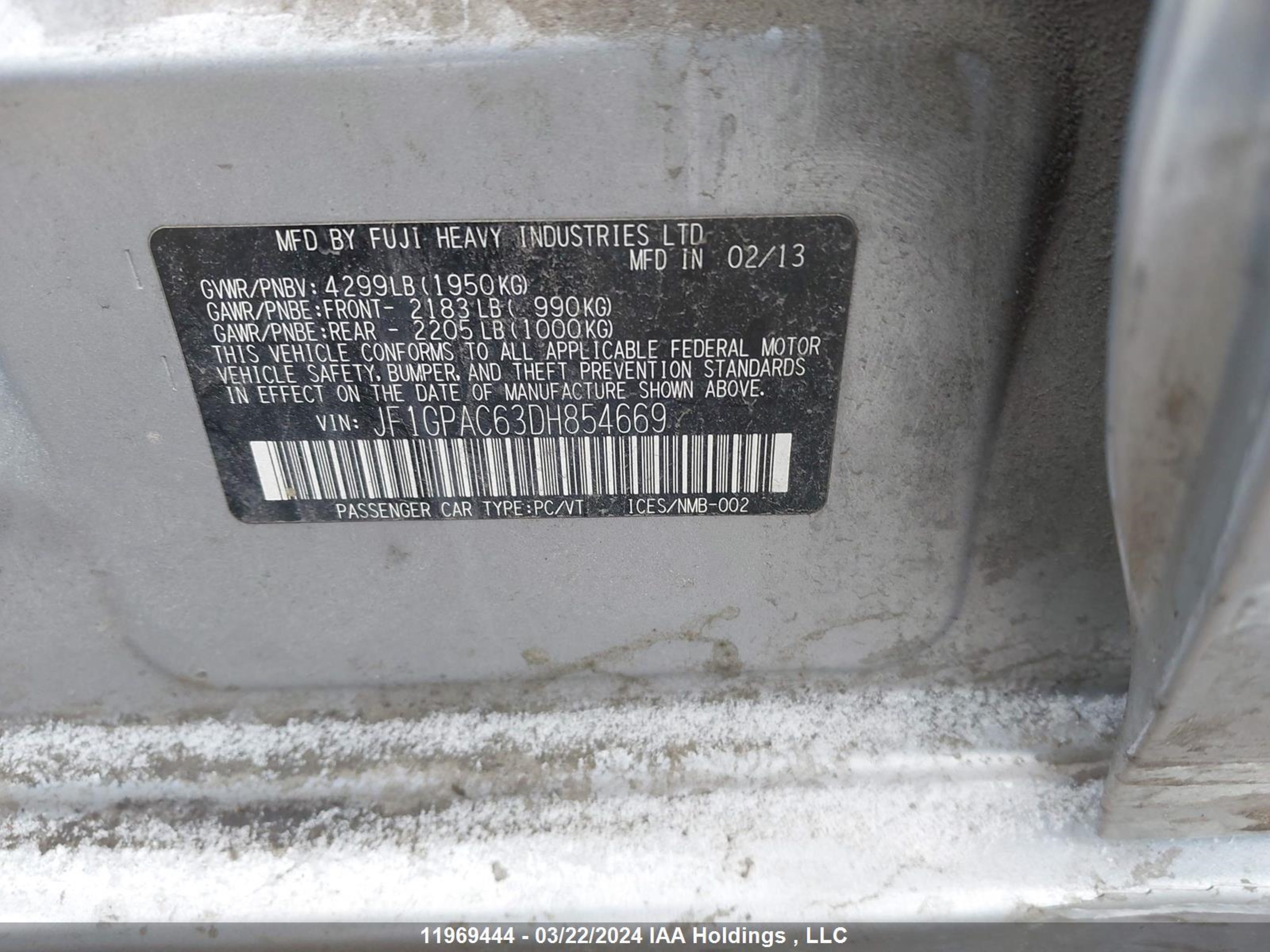 Photo 8 VIN: JF1GPAC63DH854669 - SUBARU IMPREZA 