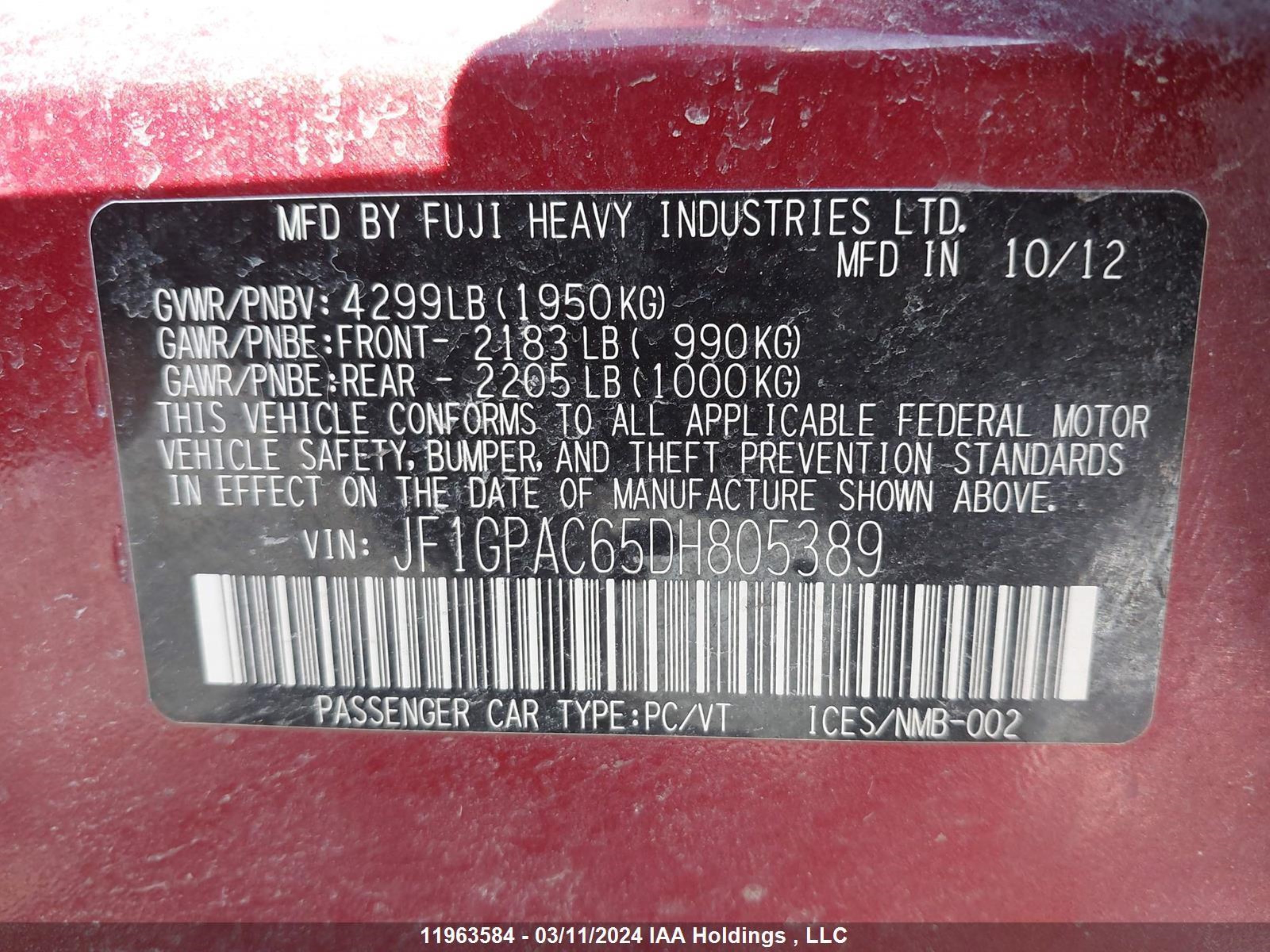 Photo 8 VIN: JF1GPAC65DH805389 - SUBARU IMPREZA 