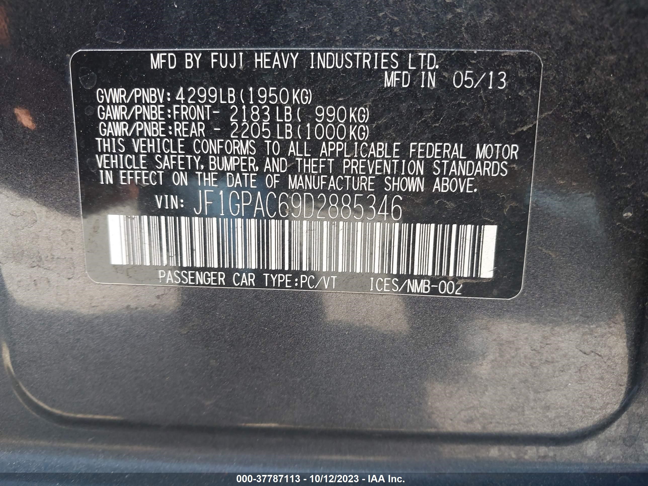 Photo 8 VIN: JF1GPAC69D2885346 - SUBARU IMPREZA 