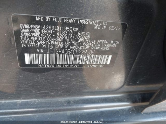 Photo 8 VIN: JF1GPAD64CH229288 - SUBARU IMPREZA 