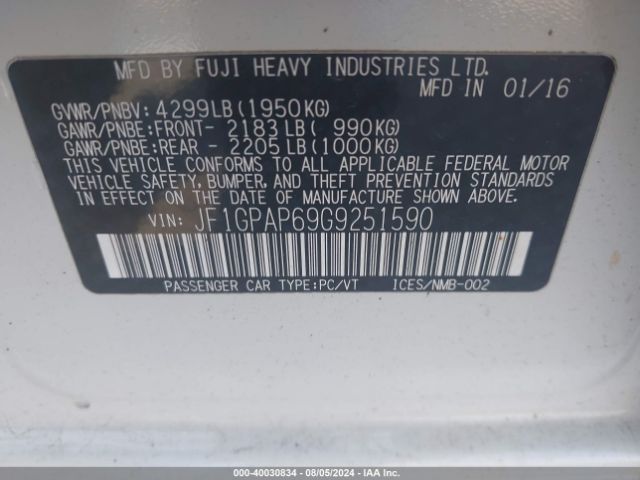 Photo 8 VIN: JF1GPAP69G9251590 - SUBARU IMPREZA 