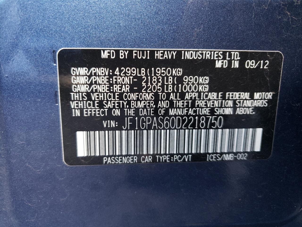 Photo 11 VIN: JF1GPAS60D2218750 - SUBARU IMPREZA 