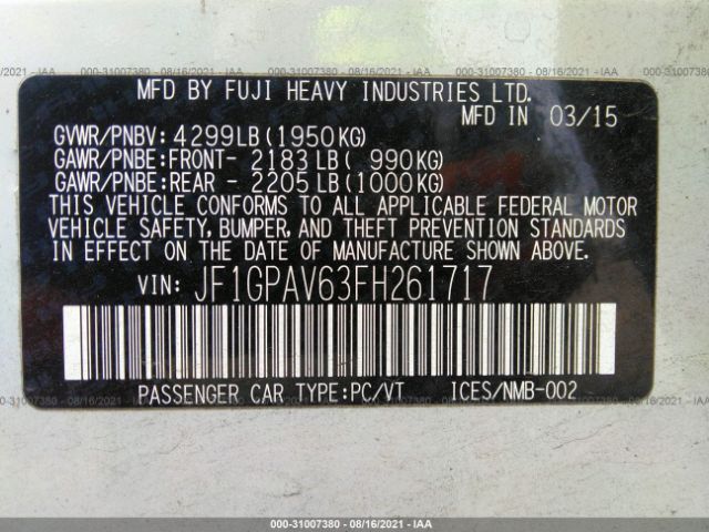 Photo 8 VIN: JF1GPAV63FH261717 - SUBARU IMPREZA WAGON 