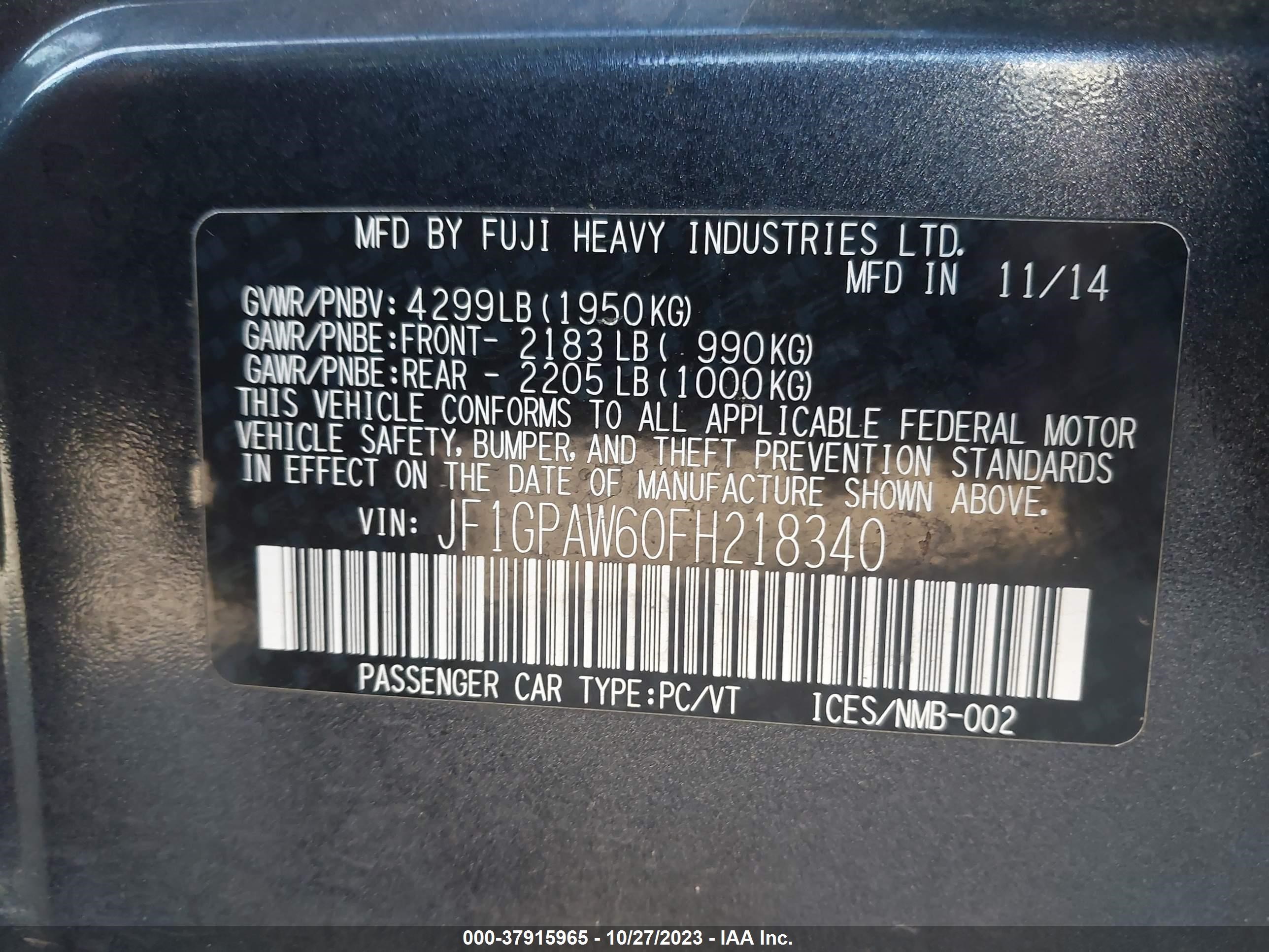 Photo 8 VIN: JF1GPAW60FH218340 - SUBARU IMPREZA 