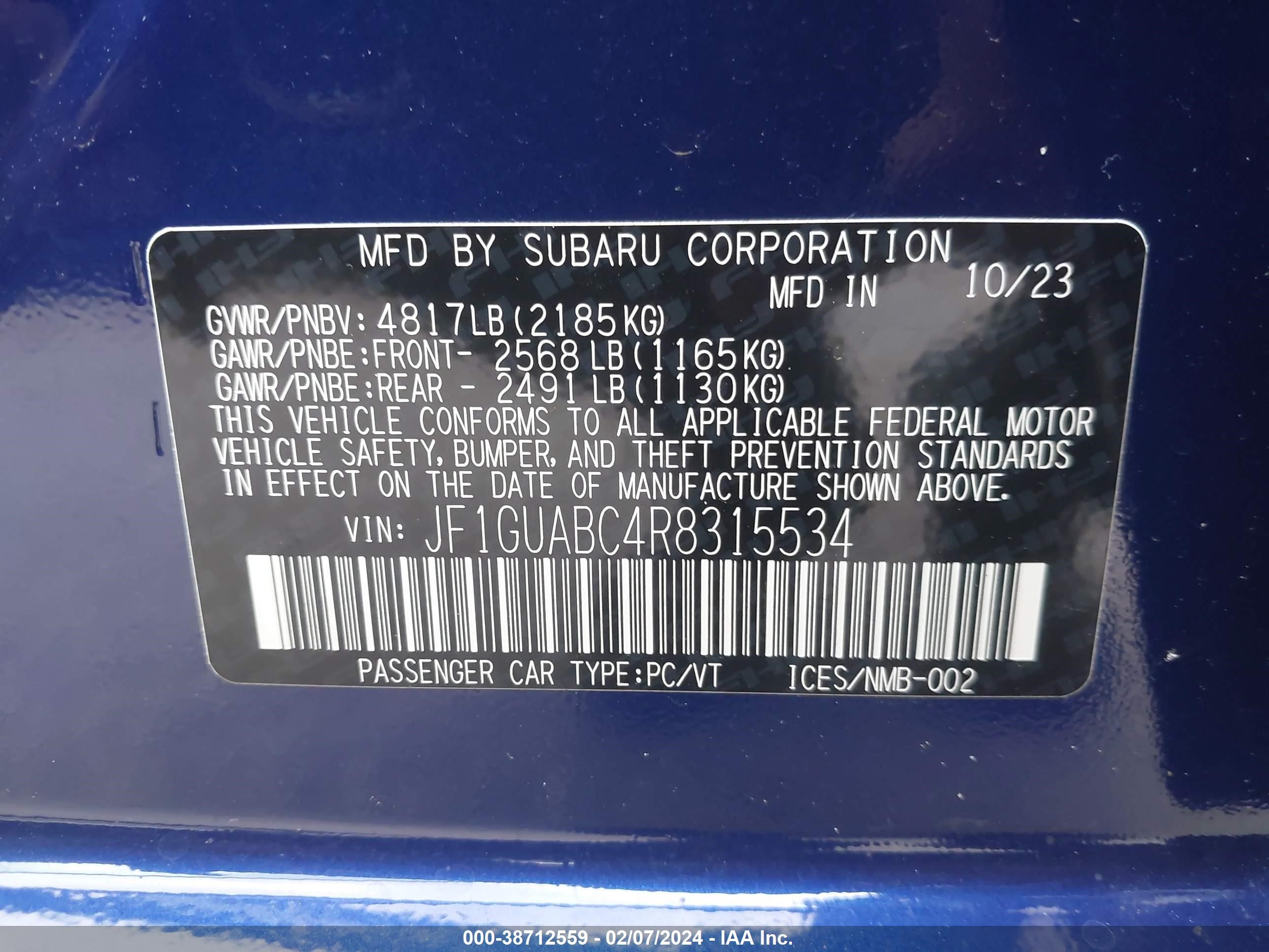 Photo 8 VIN: JF1GUABC4R8315534 - SUBARU IMPREZA 