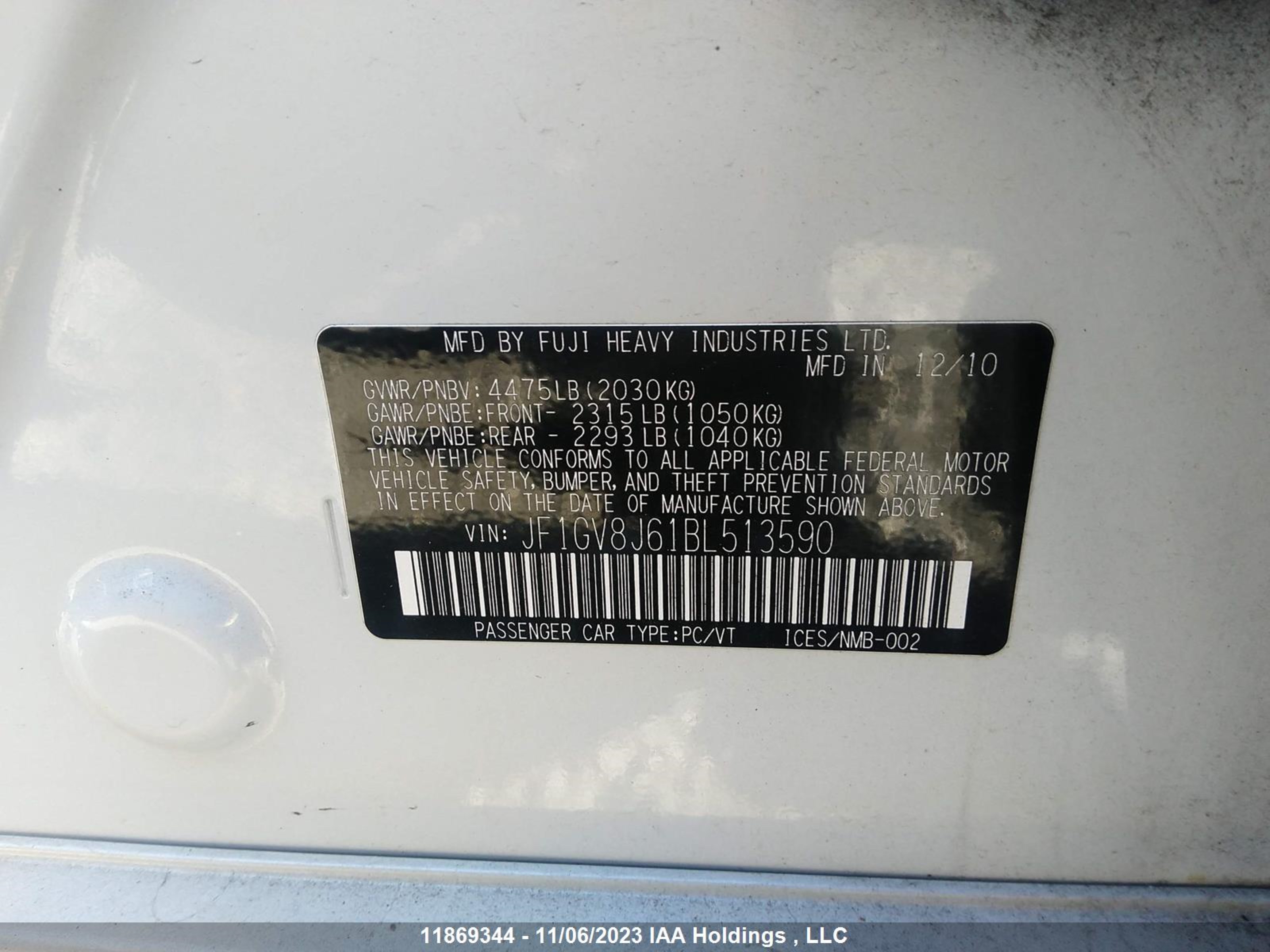 Photo 8 VIN: JF1GV8J61BL513590 - SUBARU IMPREZA 