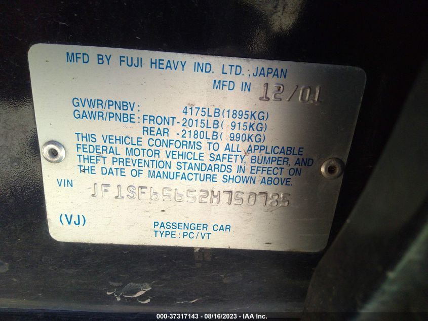 Photo 8 VIN: JF1SF65652H750785 - SUBARU FORESTER 