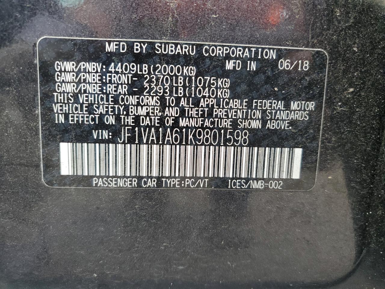 Photo 12 VIN: JF1VA1A61K9801598 - SUBARU WRX 