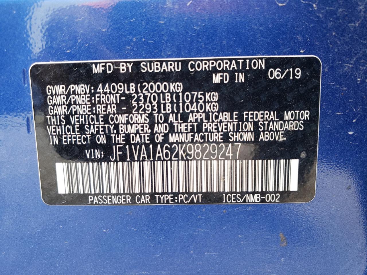 Photo 12 VIN: JF1VA1A62K9829247 - SUBARU WRX 