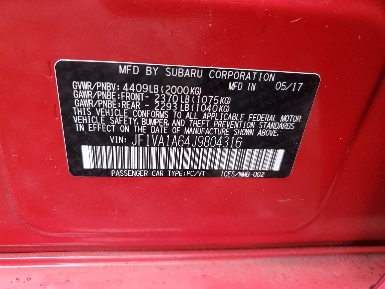 Photo 11 VIN: JF1VA1A64J9804316 - SUBARU WRX 