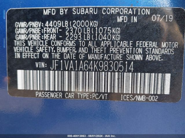 Photo 8 VIN: JF1VA1A64K9830514 - SUBARU WRX 