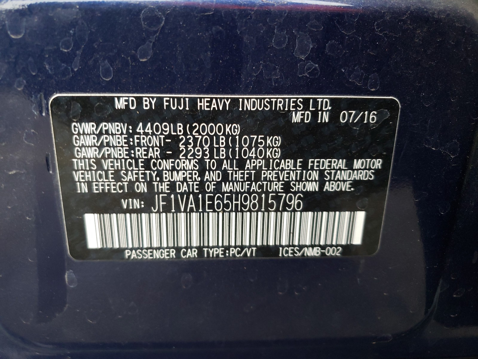 Photo 9 VIN: JF1VA1E65H9815796 - SUBARU WRX PREMIU 