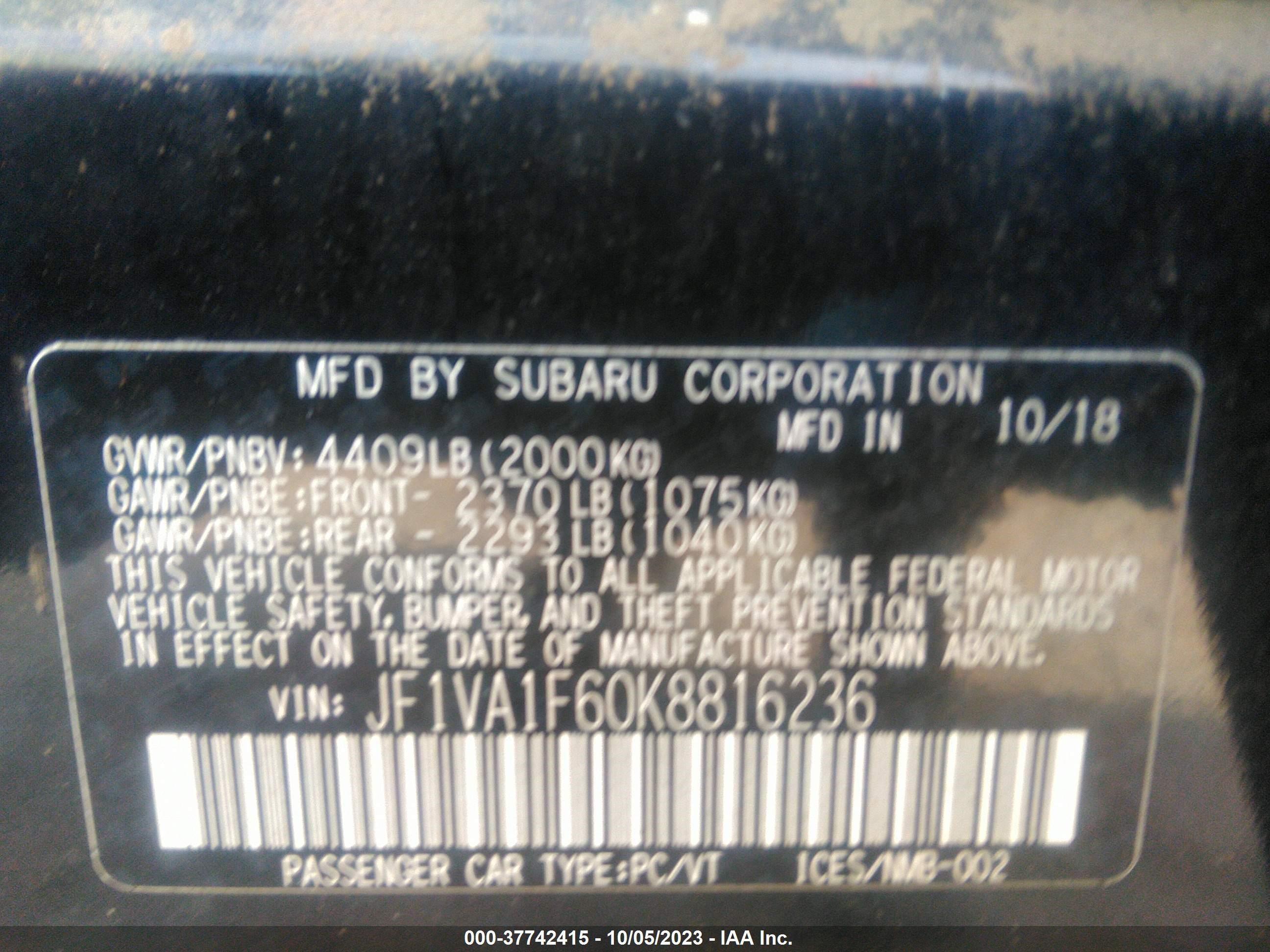 Photo 8 VIN: JF1VA1F60K8816236 - SUBARU WRX 