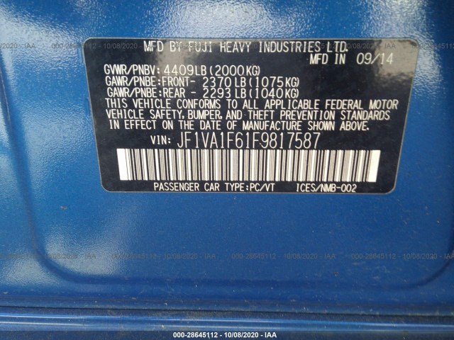 Photo 8 VIN: JF1VA1F61F9817587 - SUBARU WRX 