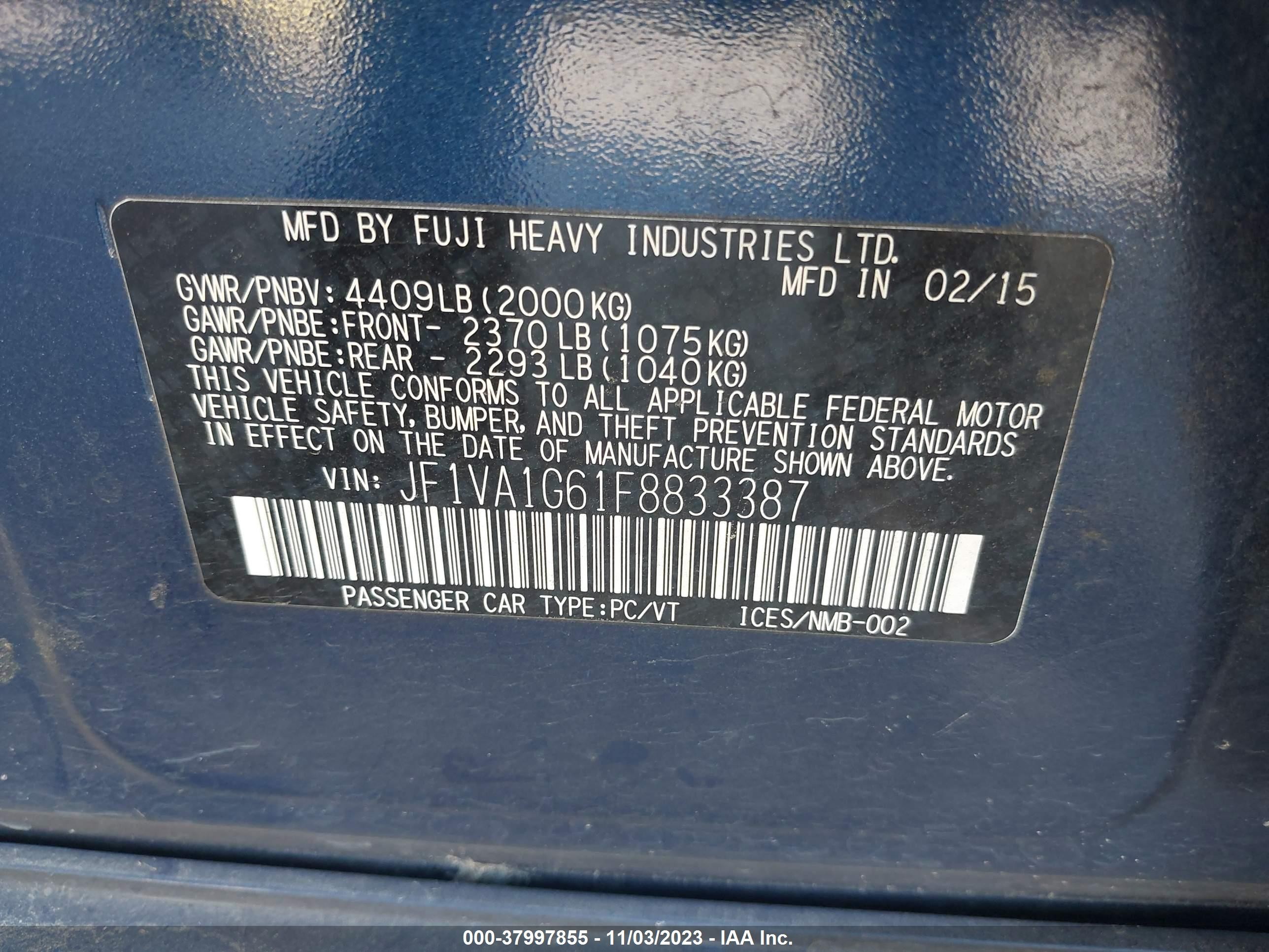 Photo 8 VIN: JF1VA1G61F8833387 - SUBARU WRX 