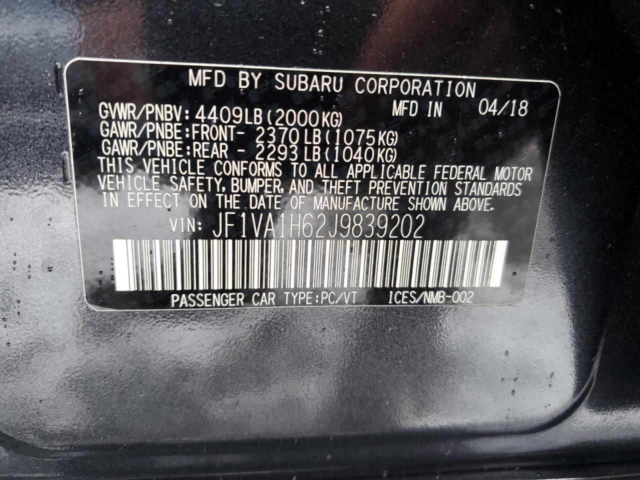 Photo 12 VIN: JF1VA1H62J9839202 - SUBARU WRX 