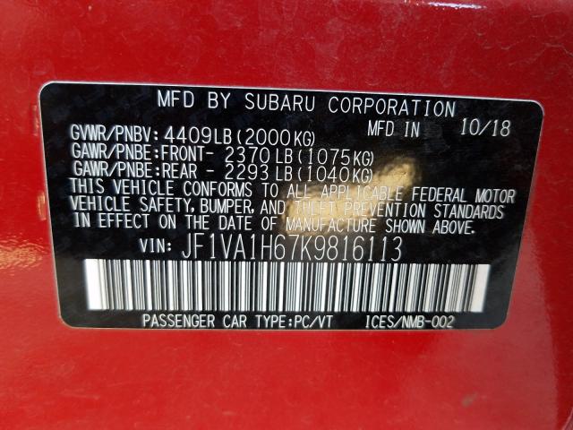 Photo 9 VIN: JF1VA1H67K9816113 - SUBARU WRX LIMITE 