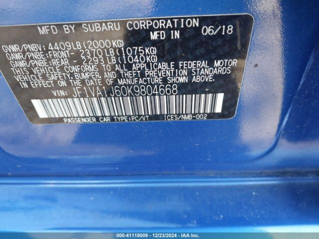 Photo 8 VIN: JF1VA1J60K9804668 - SUBARU WRX 