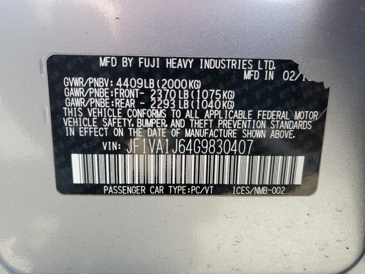 Photo 12 VIN: JF1VA1J64G9830407 - SUBARU WRX 