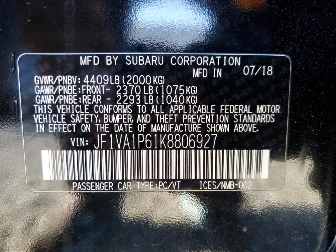 Photo 12 VIN: JF1VA1P61K8806927 - SUBARU WRX 