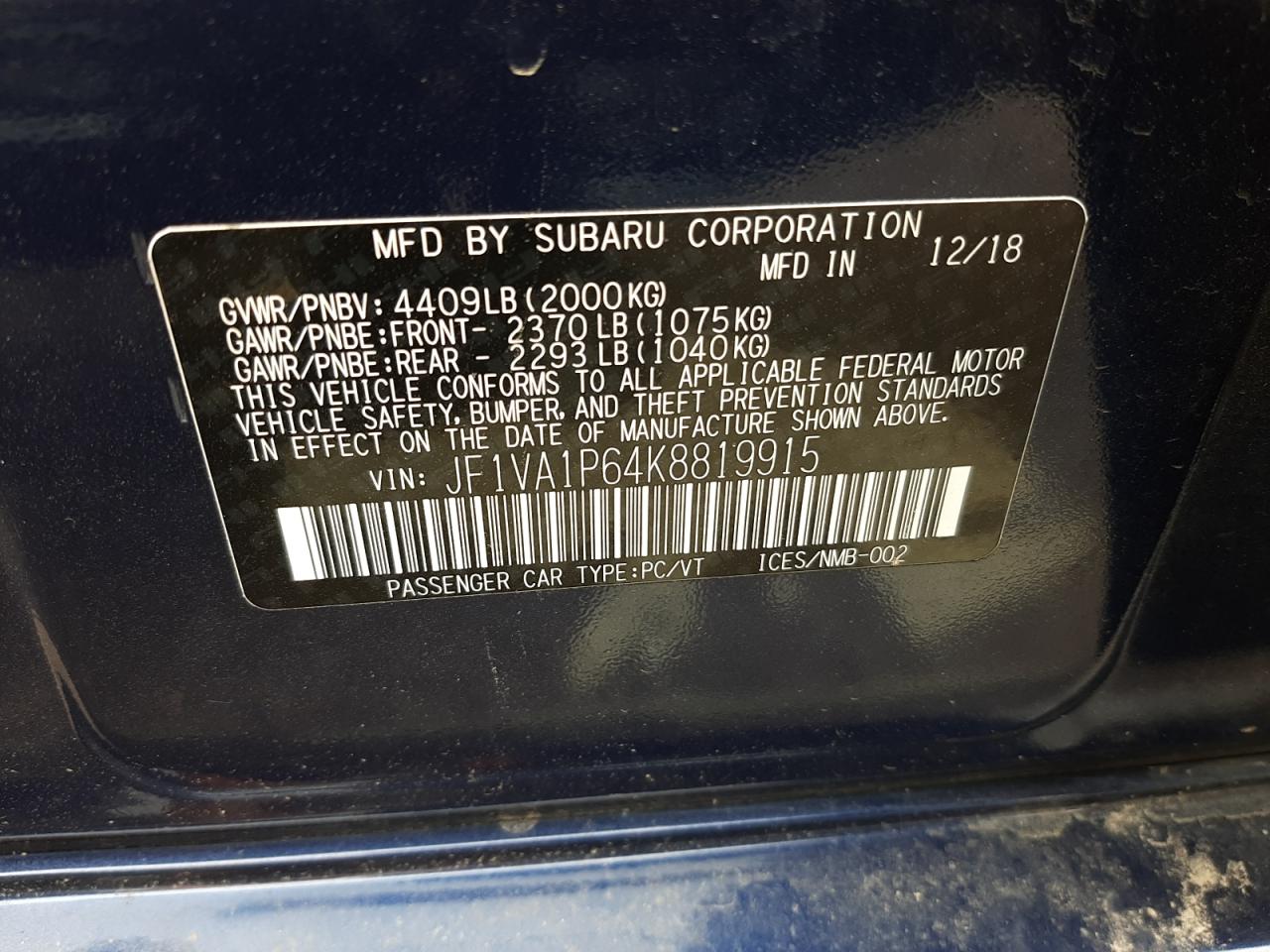 Photo 11 VIN: JF1VA1P64K8819915 - SUBARU WRX 