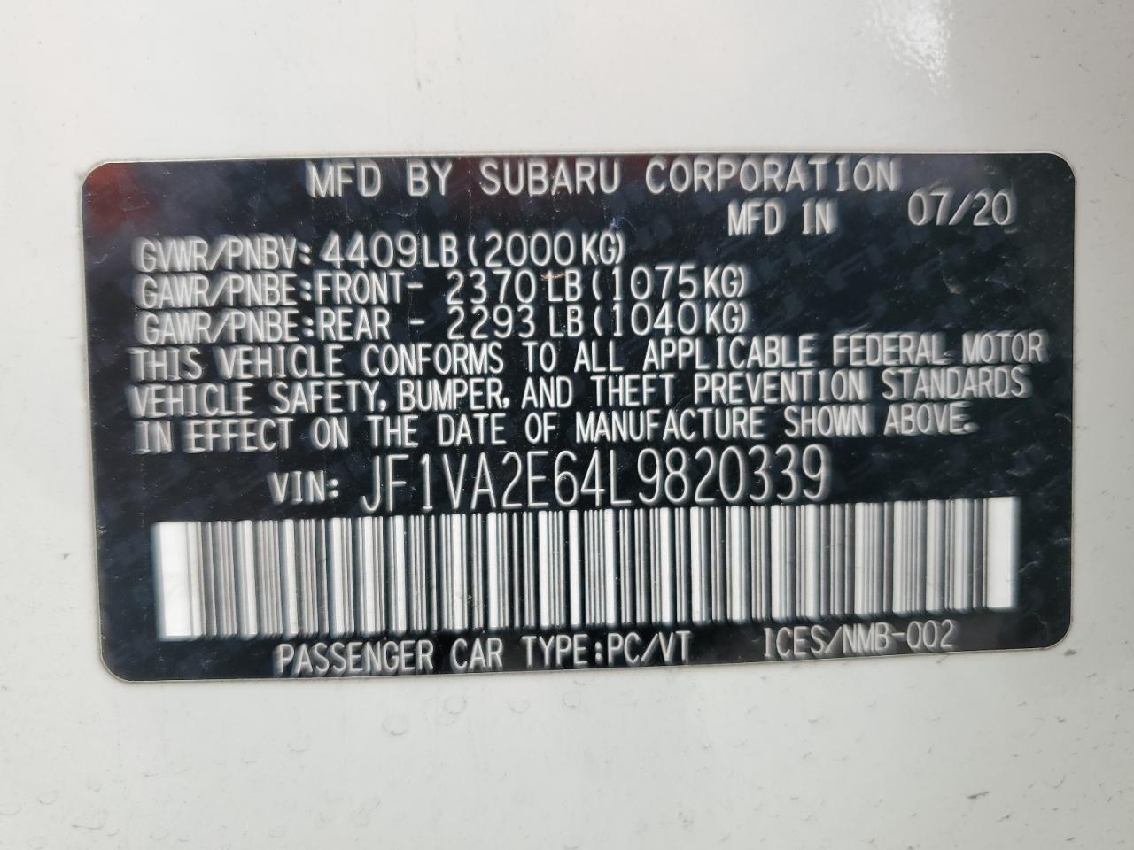 Photo 12 VIN: JF1VA2E64L9820339 - SUBARU WRX 